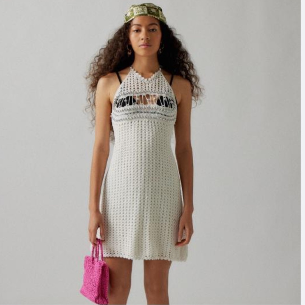 NWT Celeste cream beaded halter crochet mini dress